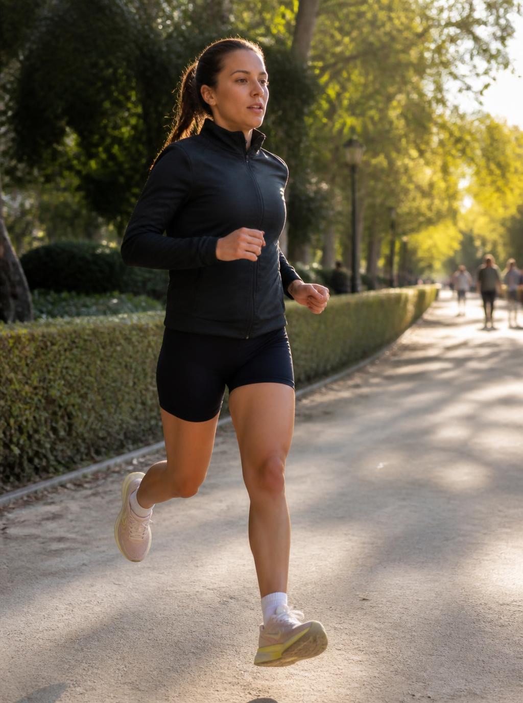 Corredora entrenando en un parque al amanecer